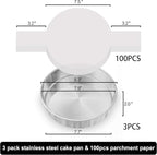 8 Inch Cake Pan Set of 3, Nonstick Stainless Steel Round Layer Cake Baking Pans with 100PCS Parchment Papers, Cake Tins for Birthday Christmas, Healthy & Non-Toxic, Easy Clean & Dishwasher Safe