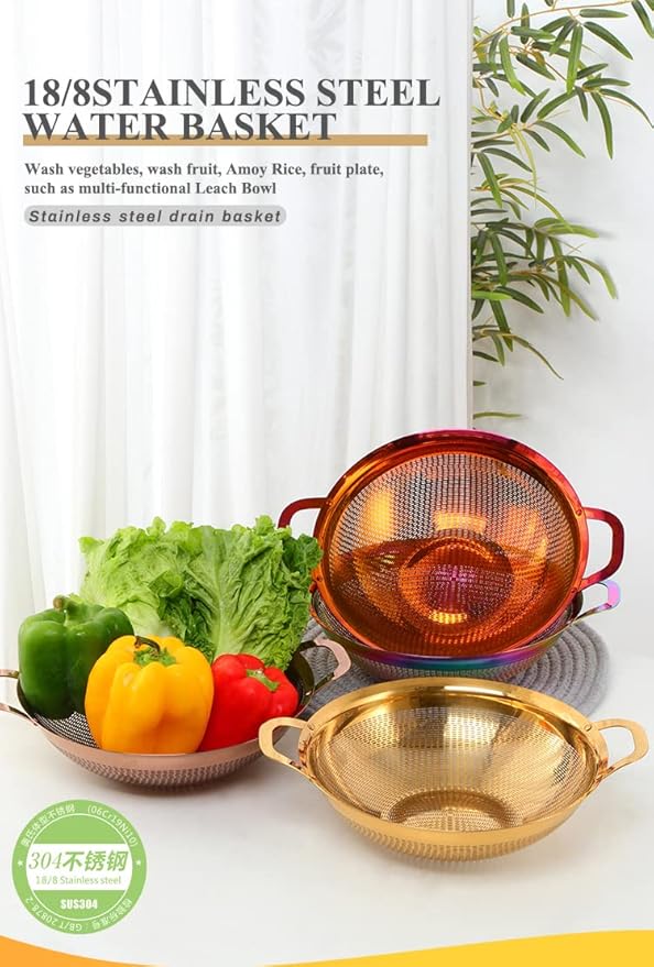Stainless Steel Colander With Handle and Legs Drain Basket for Pasta, Spaghetti, Berry, Veggies, Fruits, Noodles, Salads, Fruit Colander Strainer Metal Rice Sieve Kitchen Utensils-Silver