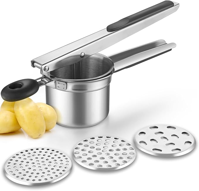 Potato Ricer, Stainless Steel Fruit and Vegetables Masher Food Ricer Large Capacity with 3 Interchangeable Discs & Inner Cup
