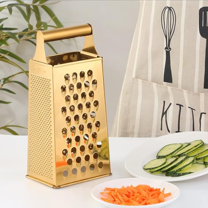 MINGYU Professional Kitchen Accessories 4pcs - Gold Box Grater 4 Sides, Garlic Press Stainless Steel, Potato & Apple Peeler, Stainless Steel Corn Peeler, Best For Vegetables & Fruits