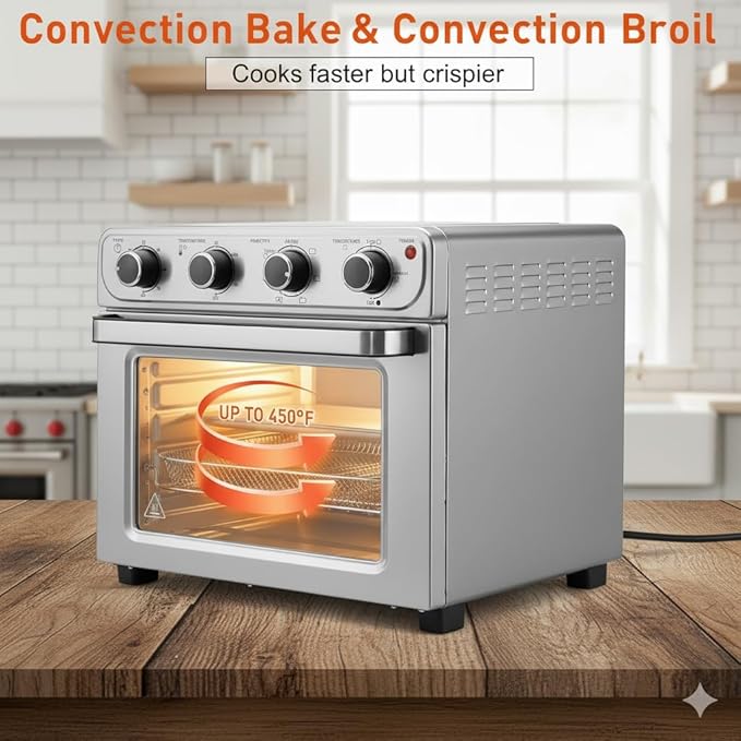 Simple Deluxe 26.4QT XL Air Fryer Toaster Oven Combo, 4-in-1 Countertop Convection Oven with Double Fan Technology, Includes Baking Pan & Fry Basket, Stainless Steel