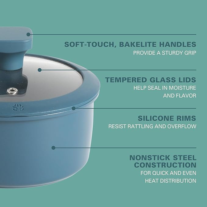 Gibson Home Helensburgh 7-Piece PFA-Free Ceramic Nonstick Carbon Steel Cookware Set – Blue Pots and Pans with Glass Lids, Saucepan, Dutch Oven, Fry Pan
