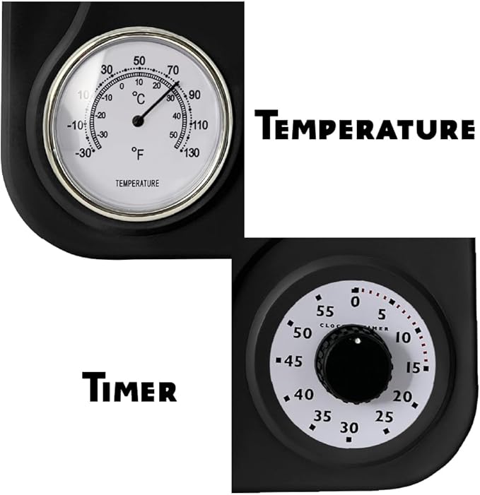 Lily's Home - 9.5 Inch x 12.5 Inch - Retro Kitchen Wall Clock, Vintage Wall Clock with a Thermometer and 60-Minute Timer, Ideal for Any Kitchen, Office, or Diner (Black)