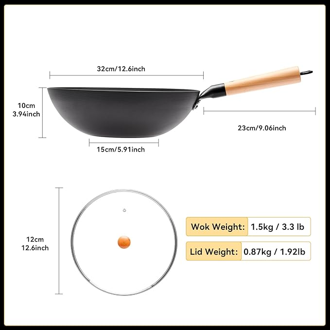 WANGYUANJI 12.6 Inch Flat Bottom Iron Wok with Glass Lid and Wooden Handle, Non-Coated, Naturally Nonstick Stir Fry Pan for Gas, Electric & Induction Stovetops