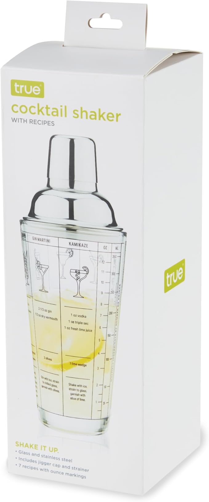 True Glass Cocktail Shaker with 7 Classic Recipes and Measurements for Cold Brew Cocktails, Home Bar Accessories, Bar Tools, Bartender Gifts, Hosting Essentials, 13.5 oz, Set of 1, Clear