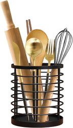 Utensil holder for Kitchen Counter - 5.2" x 5.2" x 6" Large Round Utensils Holder with Wooden Base Matte Black Cooking Utensil Holder，Kitchen countertop Utensil Organizer