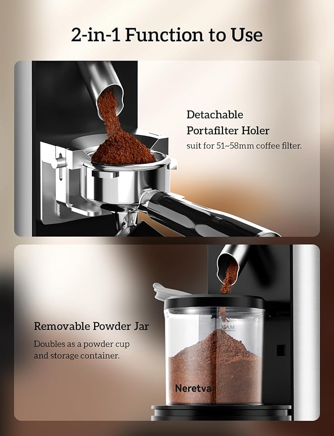 Neretva Espresso Grinder, 2 in 1 Professional Coffee Bean Grinder Stainless Steel Suit 51~58mm Portafilter Burr Coffee Grinder 30 Precise Setting&Anti-Static for Espresso/French Press/Drip/Moka-Silver