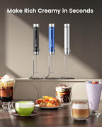 Maestri House Rechargeable Milk Frother with Stepless Speed Control, Handheld Electric Foam Maker Waterproof Drink Mixer Foamer with Stainless Steel Stand & Whisks