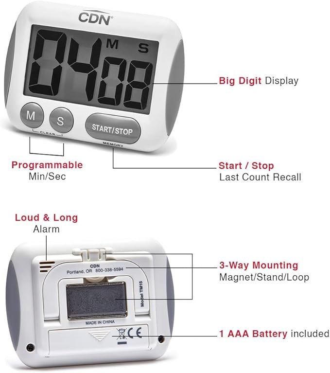 CDN Extra-Big Digit Timer | Counts Up & Down, 100 Minutes by Minutes & Seconds, Extra-Large Digits, Loud Alarm, Stand, Hang, Magnet Mounting, Perfect for Batch Baking - TM15