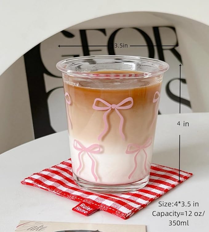 Set of 2 12 OZ French Drinking Glasses Bow Glass Coffee Cup Cute Glass Cups for Iced Coffee,Tea,Juice,Latte,Milk,Dessert,Stackable Glassware Drinkware Set (pink bow)