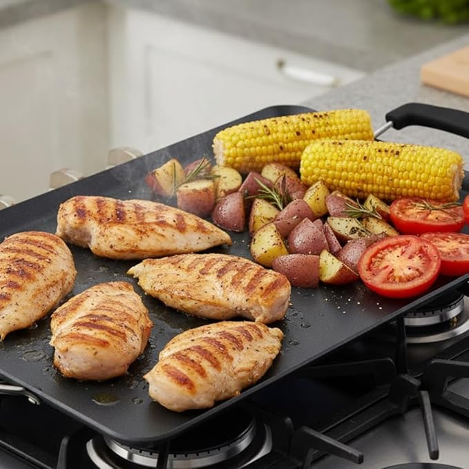 Hamilton Beach Nonstick Double Griddle 19x11-Inch - Black Aluminum Griddle with Soft Touch Bakelite Handle - Flared Edge - Spiral Bottom, Easy to Clean, Multipurpose Use - Durable & Dishwasher Safe