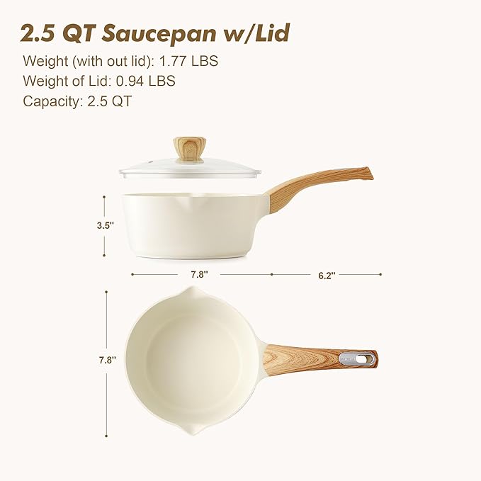 SENSARTE Ceramic Nonstick Sauce Pan with Lid, 2.5 Quart Saucepan with Double Spout, Large Cooking Pot, Non toxic Kitchen Sauce Pot, Non stick Saucier Pan, Induction Cookware, PFOA PTFE PFAS Free