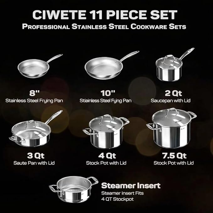 Ciwete 11-Piece Tri-Ply Stainless Steel Pots and Pans Set, 18/10 Stainless Steel Cookware Set with Steamer Insert, Induction Kitchen Cookware Sets with Cool Ergonomic Handles, Dishwasher, Oven Safe