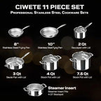 Ciwete 11-Piece Tri-Ply Stainless Steel Pots and Pans Set, 18/10 Stainless Steel Cookware Set with Steamer Insert, Induction Kitchen Cookware Sets with Cool Ergonomic Handles, Dishwasher, Oven Safe