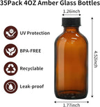 35 Pack 4oz Amber Glass Boston Round Bottles with Polycone Leak-Proof Phenolic Caps – Brown Airtight Refillable Containers for Homemade Vanilla Extract, Essential Oils, Herbal Medicine, and Syrups