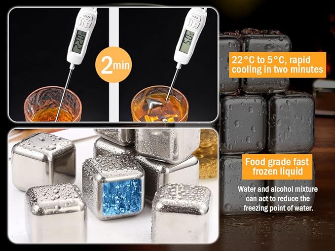 16-Piece Stainless Steel Ice Cubes, Whiskey Stones, Reusable Wine Stones, Silver, Drink Accessory, Bar Tool Set