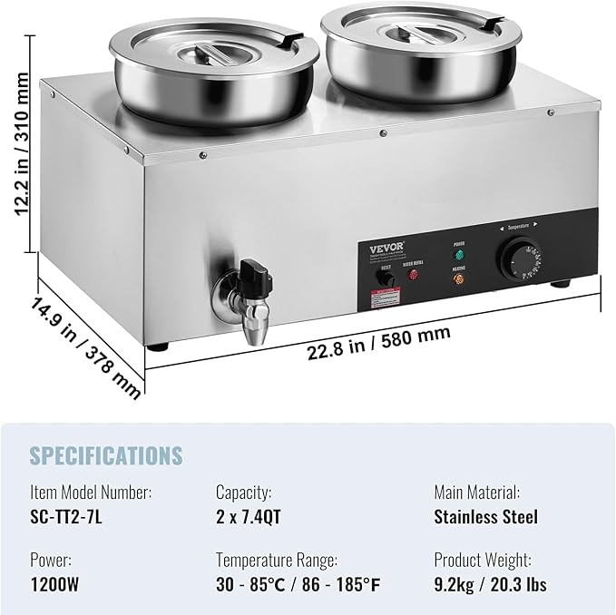 VEVOR Electric Soup Warmer, Dual 7.4QT Stainless Steel Round Pot 86~185°F Adjustable Temp, 1200W Commercial Bain Marie with Anti-Dry Burn and Reset Button, Soup Station for Restaurant, Buffet, Silver