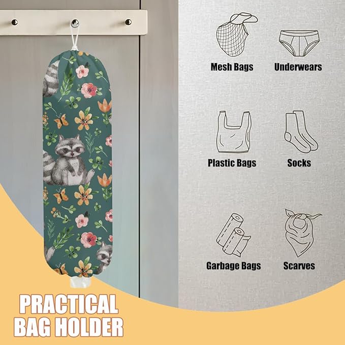 Raccoon Plastic Bag Holder, Wall Mount Grocery Bag Holder, Plastic Storage bag, Pull Rope Free Adjustment, Plastic Bag Holders for Grocery Bags, Plastic Bag Dispenser for Home Kitchen