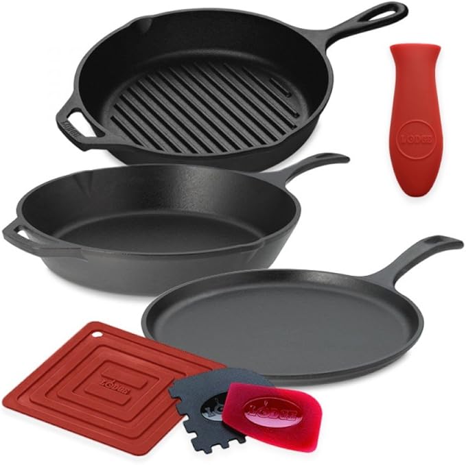 Lodge Cast Iron Set - Pre-Seasoned Kitchen Essentials Set - Skillet, Griddle & Dutch Oven Included - PFAS-Free Non-Toxic Cookware - 7-Piece Set