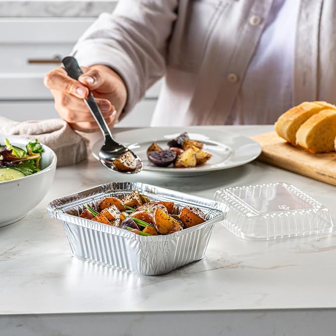 GUSTO [1 lb - 50 Count Disposable Aluminum Foil Pans with Clear Dome Lids, 5x4 Takeout Pans – Great for Baking, Cooking, Storage, and Freezing (Formerly Comfy Package)