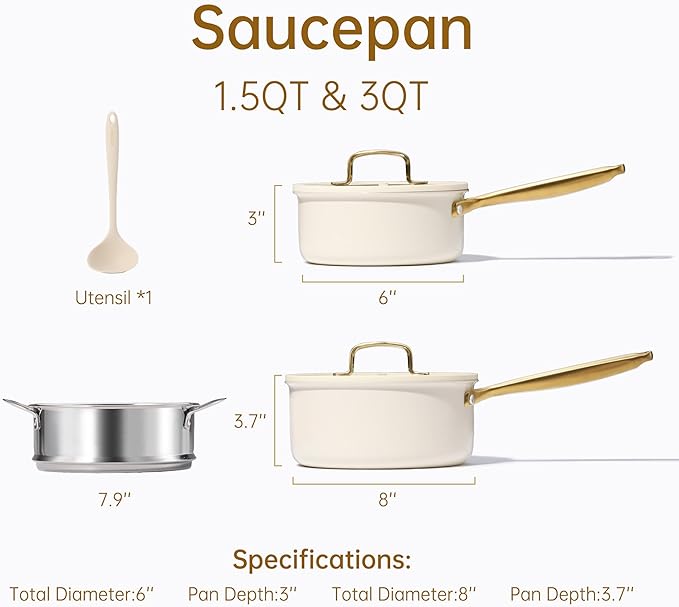 CAROTE 1.5Qt & 3.0Qt Stainless Steel Saucepan Set with Steamer & Ladle, Non-Toxic 3-Ply Stainless Steel Pot with Lids, Small Pots for Cooking, Oven Safe, Induction Compatible Cookware