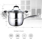 SLOTTET Tri-Ply Whole-Clad Stainless Steel Saucepan with Steamer,2.5 Qt Small Multipurpose Pot with Pour Spout,Strainer Glass Lid, 2 Quart Sauce Pan for Cooking with Stay-cool Handle.