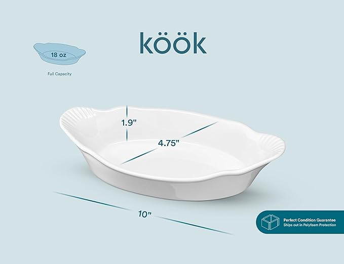 Au Gratin Baking Dishes, by Kook, Mini Casserole Dish, Set of 6, for Banana Split, Oven and Microwave Safe, Dishwasher Safe, Ceramic Dishes, Lasagna & Cobblers, Individual Serving, 12 oz (Ivory)