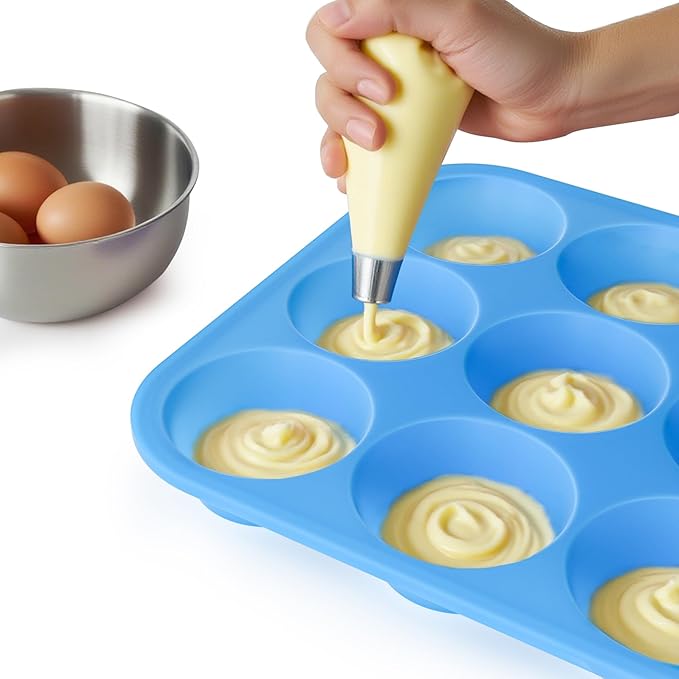 Bangp 2Pack Silicone Muffin Pans for Baking with Metal Reinforced Frame,12 Cup Regular Size Cupcake Pan,Premium Non-Stick Bend Resistance Silicone Muffin Tray for Pudding,Cakes,Tart,Egg Bites(Blue)