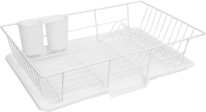 Sweet Home Collection Metal, Plasic 3 Piece Dish Drainer Rack Set with Drying Board and Utensil Holder, 12" x 19" x 5", White