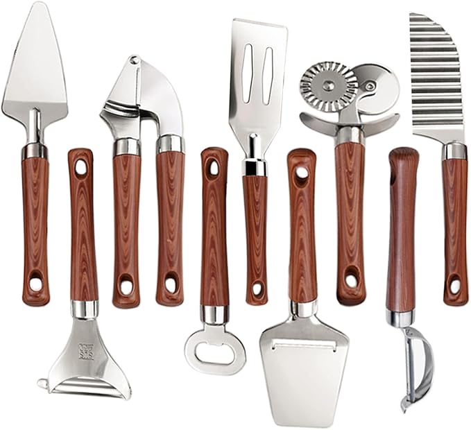 9-Piece Kitchen Tools and Gadgets Set with Wood Imitation Handle BRIIEC Stainless Steel Cooking Utensils Kitchen Accessories Includes Can Opener Garlic Press Peeler