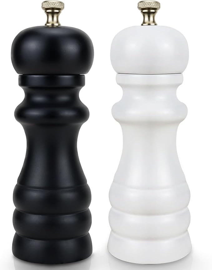 Salt and Pepper Grinder Set of 2, Manual Salt Mill & Pepper Mills with Adjustable Coarseness, Refillable Wood Spice Shakers, Kitchen Accessories for Chili, Sesame, Himalayan (Black and White)