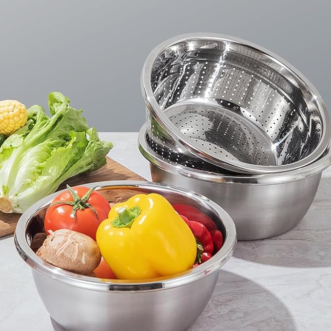 Germany Multifunctional Stainless Steel Basin, 3 in 1 Vegetable Grater Julienne Slicer Stainless Steel Colander, Fruit Slicer for Kitchen Vegetable Slicer Grater Strainer Drain Basket (11in, Silver)