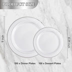 NOCCUR 200PCS Silver Plastic Plates Disposable for 100 Guests - Include 100 Dinner / 100 Dessert Plates Heavy Duty - Ideal for Party/Wedding/Christmas