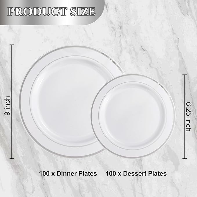 NOCCUR 200PCS Silver Plastic Plates Disposable for 100 Guests - Include 100 Dinner / 100 Dessert Plates Heavy Duty - Ideal for Party/Wedding/Christmas