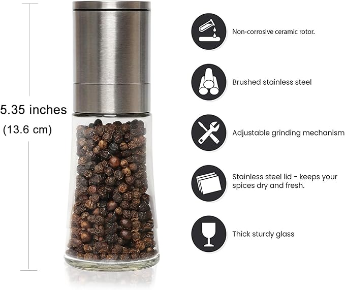 Original Stainless Steel Pepper Grinder or Salt Mill 1pk - Coarseness Adjustable Sea Salt Grinder or Pepper Mill Grinder - Small Manual Salt Pepper Shakers with Glass Container