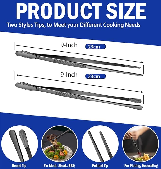 JETKONG 2 Pcs 9-Inch Food Tweezer Tongs, Stainless Steel Kitchen Tweezer Cooking Tweezers (Black)