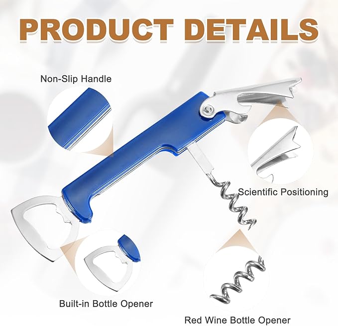 uxcell Wine Opener, Bottle Opener, Durable Stainless Steel Waiter's Corkscrew, Compact All-In-One Home Bar Tool for Bar, Party, Wedding, Home, Travel, Blue