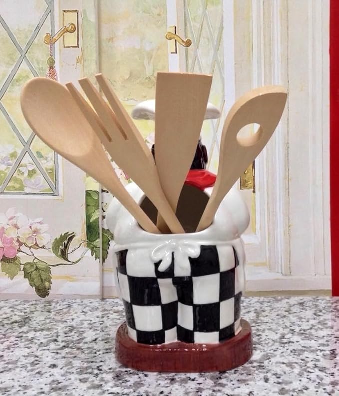ACK Happy Bistro Chef Hand Painted Ceramic Utensil Jar, Utensil Holder, Utensil Crock, Modern Kitchen Decor, Kitchen Storage for for Spoon, Ladle, Spatula and More