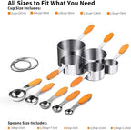 Measuring Spoons and Cups Set of 10 Pieces, Stainless Steel Measuring Utensils with BPA-Free Silicone Grips,Metal Scale Tools for Kitchen Cooking Baking, Dishwasher-Safe (Orange)