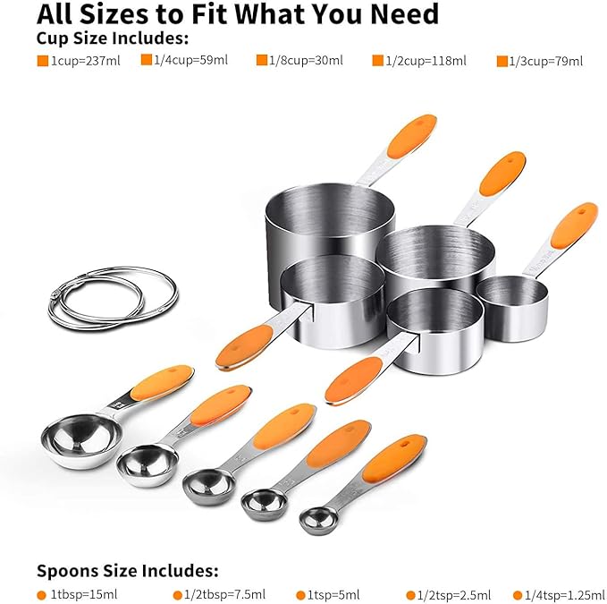Measuring Spoons and Cups Set of 10 Pieces, Stainless Steel Measuring Utensils with BPA-Free Silicone Grips,Metal Scale Tools for Kitchen Cooking Baking, Dishwasher-Safe (Orange)
