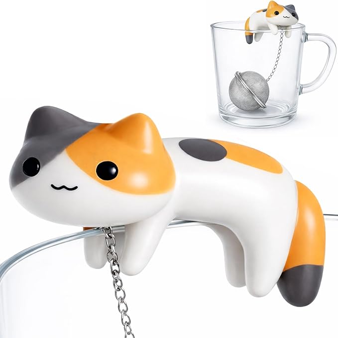 Cute Tea Infuser for Loose Leaf Tea, 304 Stainless Steel Fine Mesh Tea Ball Strainer with Adorable Calico Cat Mug Hook, Easy Lift-Out, Leak-Resistant Closure, Dishwasher Safe, Gift Box