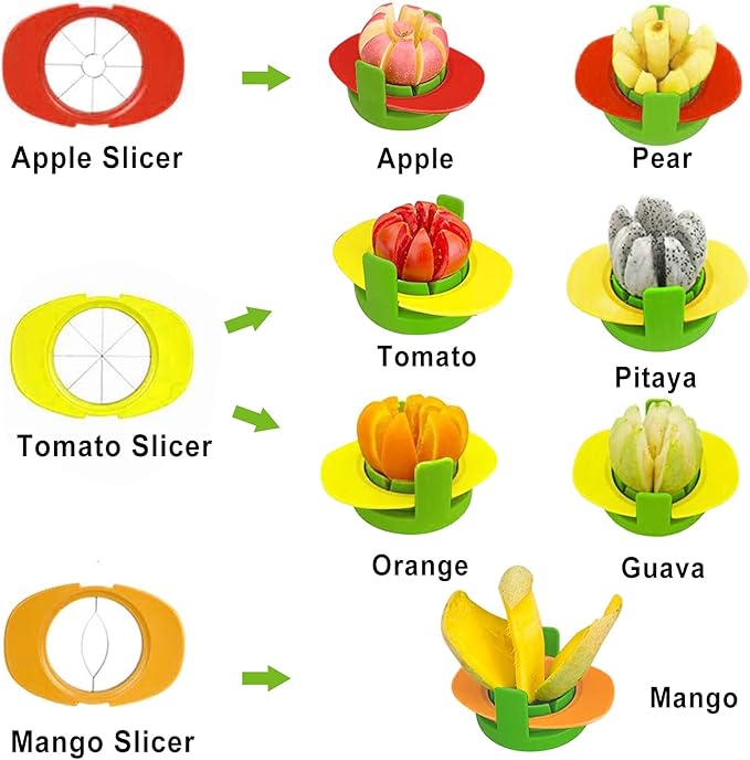 Fruit Cutter Slicer, 4 in 1 Apple Slicer with Vegetable Peeler & Cleaning Brush Mango Cutter Corer Remover Tomato Wedges Stainless Steel Heavy Duty Fruit & Vegetable Cutter Easy Kitchen Tool