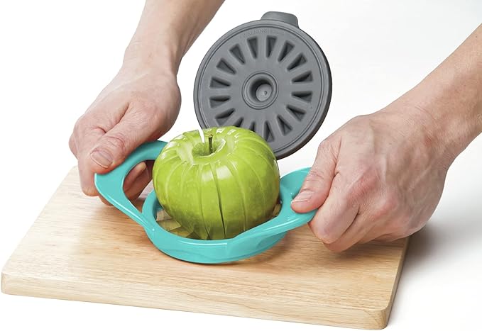 PrepWorks by Progressive Dishwasher Safe 16-Slice Thin Apple Slicer and Corer with Attached Safety Cover (Turquoise)