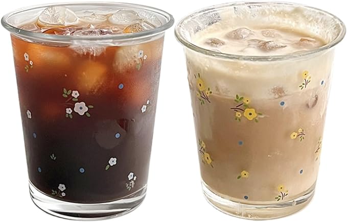 Set of 2 12 OZ Floral Drinking Glasses French Glass Coffee Cup Cute Flower Glass Cups for Iced Coffee,Tea,Juice,Latte,Milk,Dessert,Stackable Glassware Drinkware Set(white yellow)