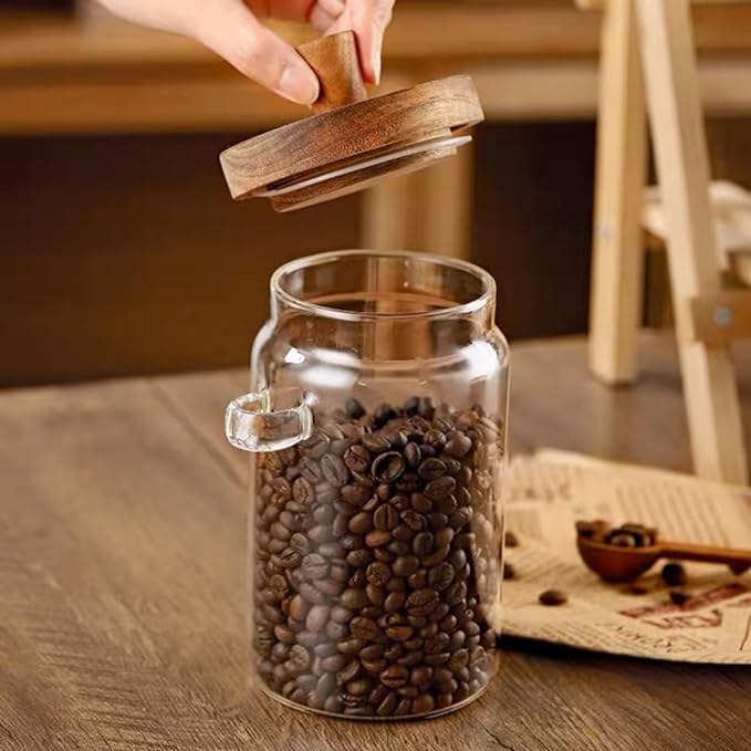 ANSQU Glass Jar with Wooden Lid and Spoon, 20.3oz Food Storage Containers Coffee Jar Coffee Grounds Container, Glass Food Storage Canister, Gratitude Jar for Mother' Day (1 Pack)