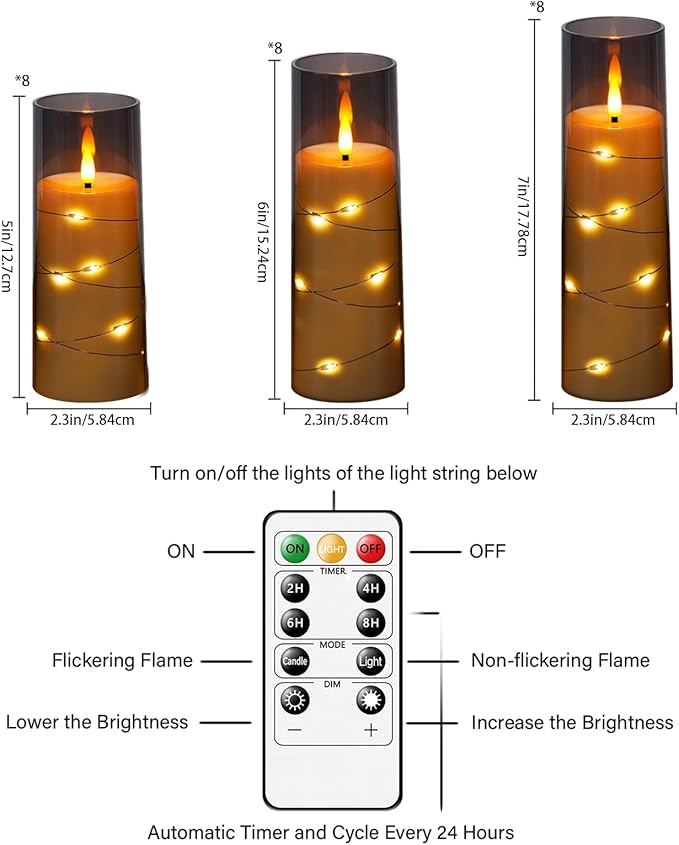 Flameless LED Candles with Timer 24 Pc Flickering Flameless Candles for Romantic Ambiance and Home Decoration Stable Acrylic Shell,with Embedded Star String，Battery Operated Candles（Grey）