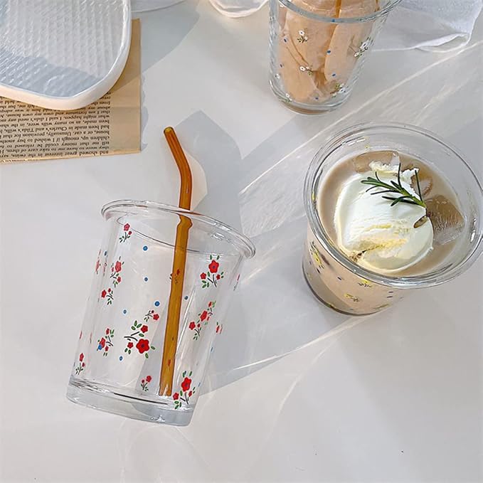 Set of 2 12 OZ French Floral Drinking Glasses Flower Glass Coffee Cup Cute Glass Cups for Iced Coffee,Tea,Juice,Latte,Milk,Dessert,Stackable Glassware Drinkware Set(red yellow)