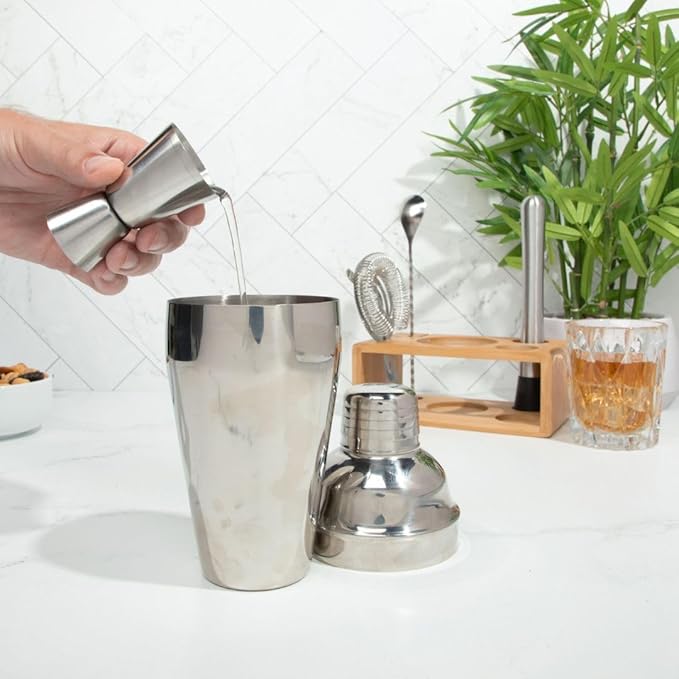 Premium Cocktail Shaker Set with Bamboo Stand, 4-Piece Bar Tools Kit, Stainless Steel Bartender Set with Shaker, Jigger, Mixing Spoon, and Strainer