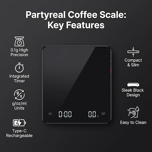 Partyreal Digital Kitchen Coffee Scale, Slim Food Scale with Tare and g/oz/ml Units, Backlit Display, USB-C Rechargeable with AAA Backup, 3kg, Black