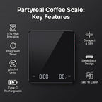 Partyreal Digital Kitchen Coffee Scale, Slim Food Scale with Tare and g/oz/ml Units, Backlit Display, USB-C Rechargeable with AAA Backup, 3kg, Black